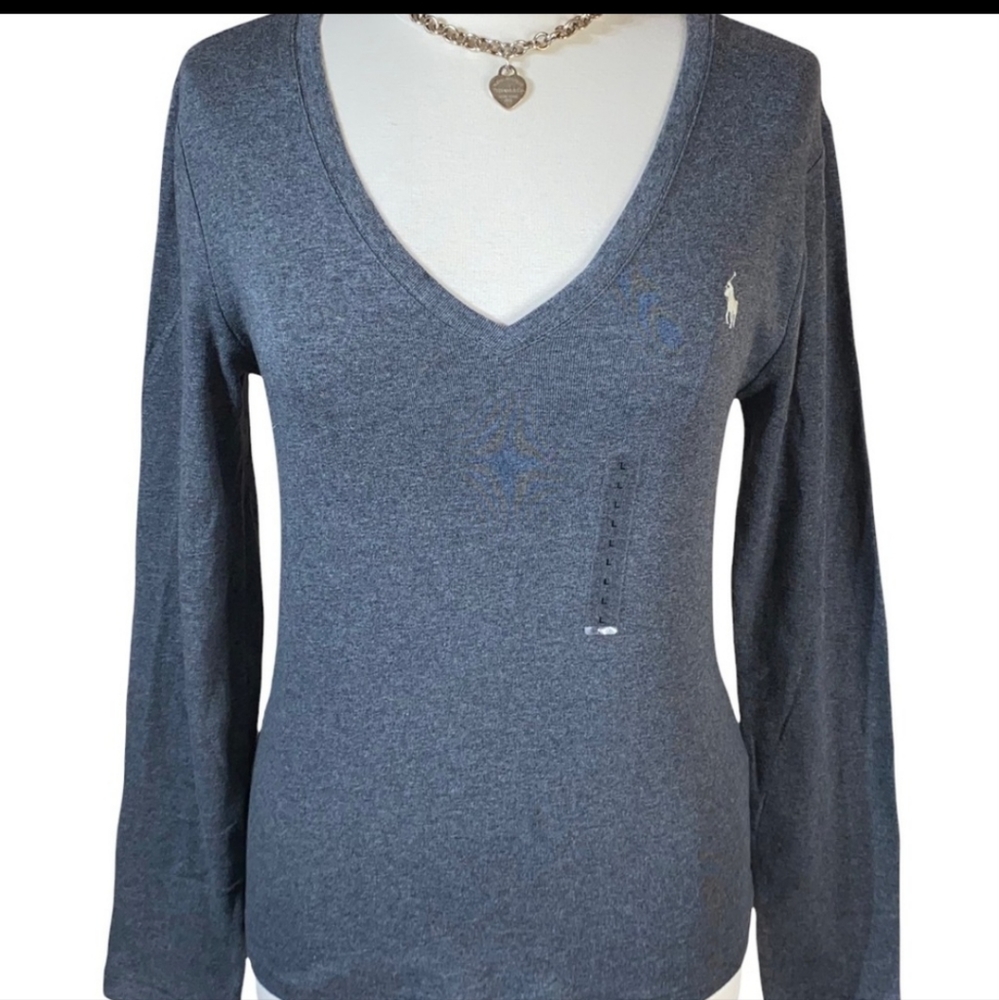 Ralph Lauren Polo Heather Grey V Neck Long Sleeve Knit Top